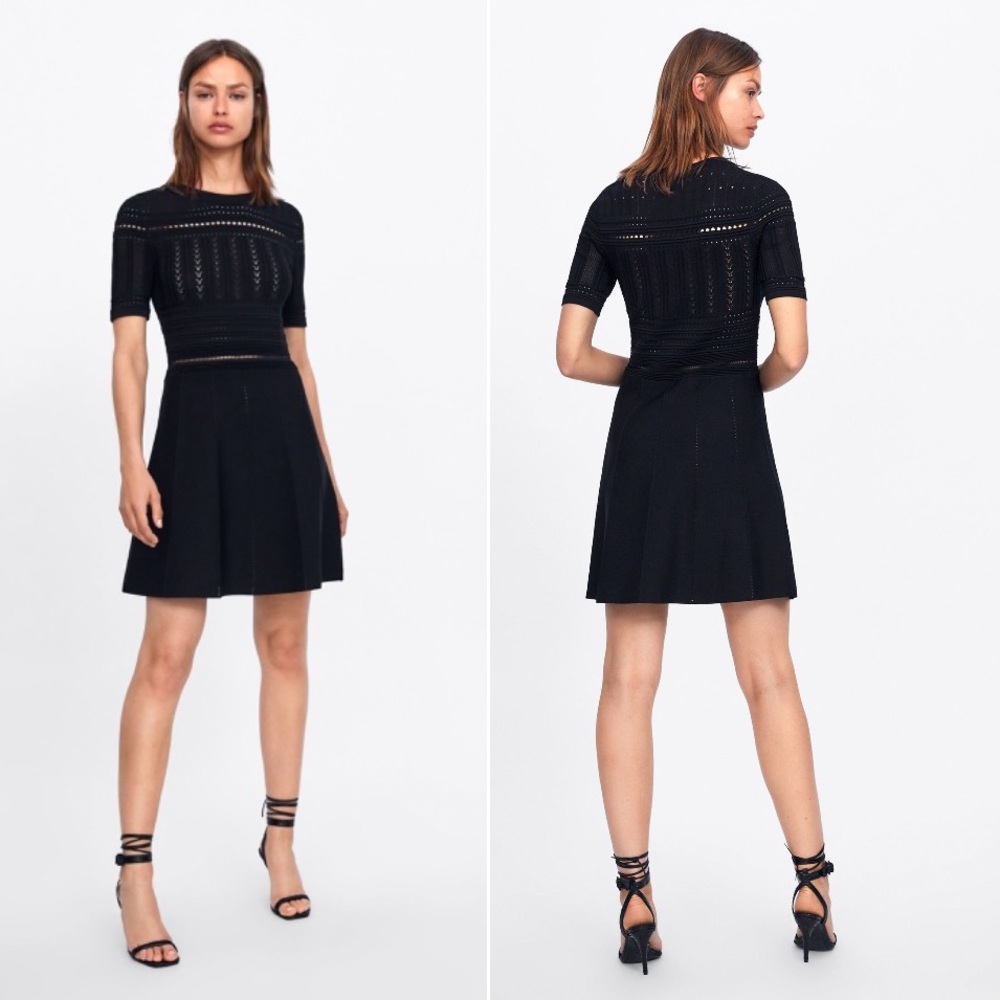 🤍 ZARA Black LBD Open Knit A-line Bandage Knit Dress sz Large